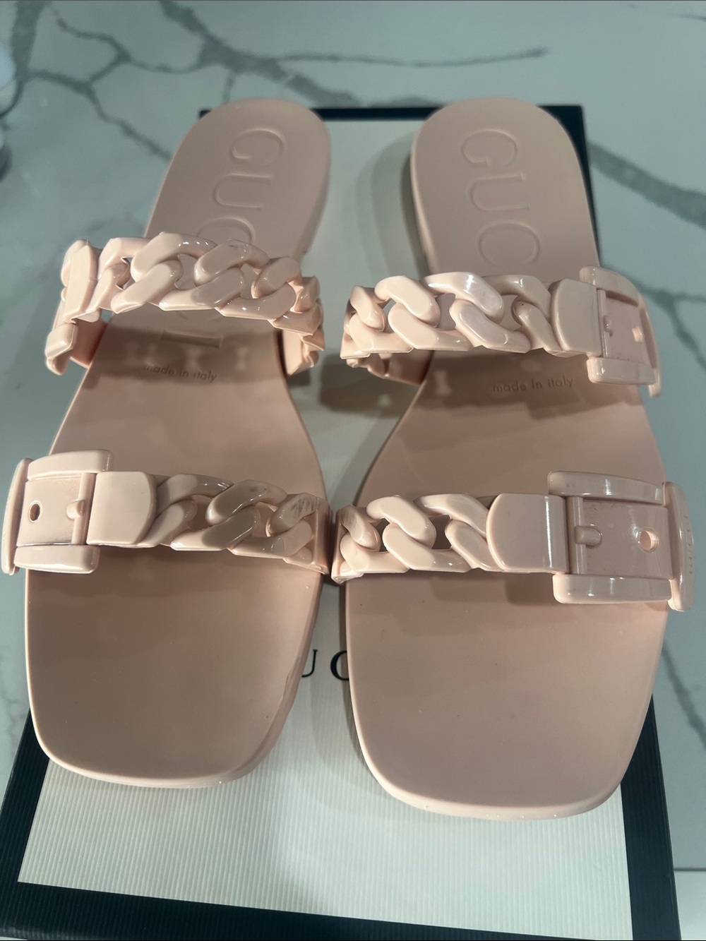 Gucci Women's Blush Pink Chain-Link Double Strap Slide Sandals​